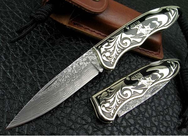 Damascus Steel Small Knife Jungle Folding Knife with Cupronickel Handle UDTEK00537 / UDTEK01204